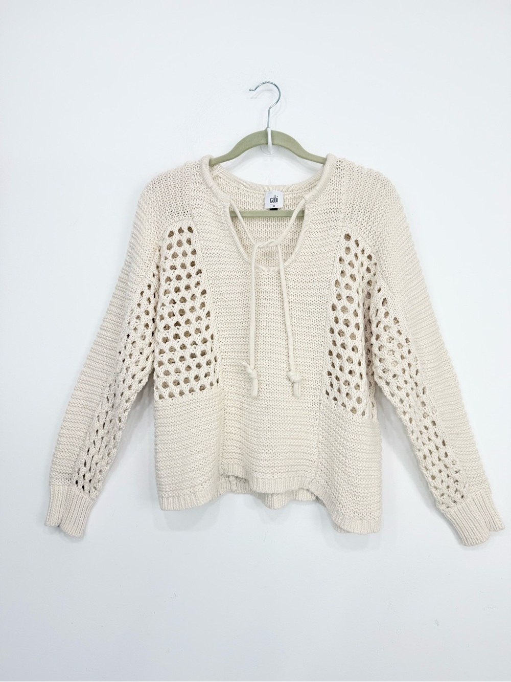 Cabi 6596 SANDBAR Pullover Cream Open Knit Slouchy Tie Front Sweater - Picture 4 of 15